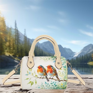 Bolsa feminina de couro pequena Boston bolsa de ombro bolsa bolsa bolsa vermelha Robin pássaros design floral presente para mãe ou avó