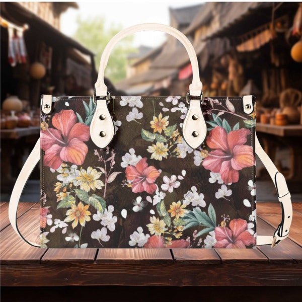 Frauen PU-Leder Handtasche Tote Floral botanische Impatiens Design Geldbörse 3 Größen groß kann eine schöne Strandreise Tote Urlaubsstrand sein