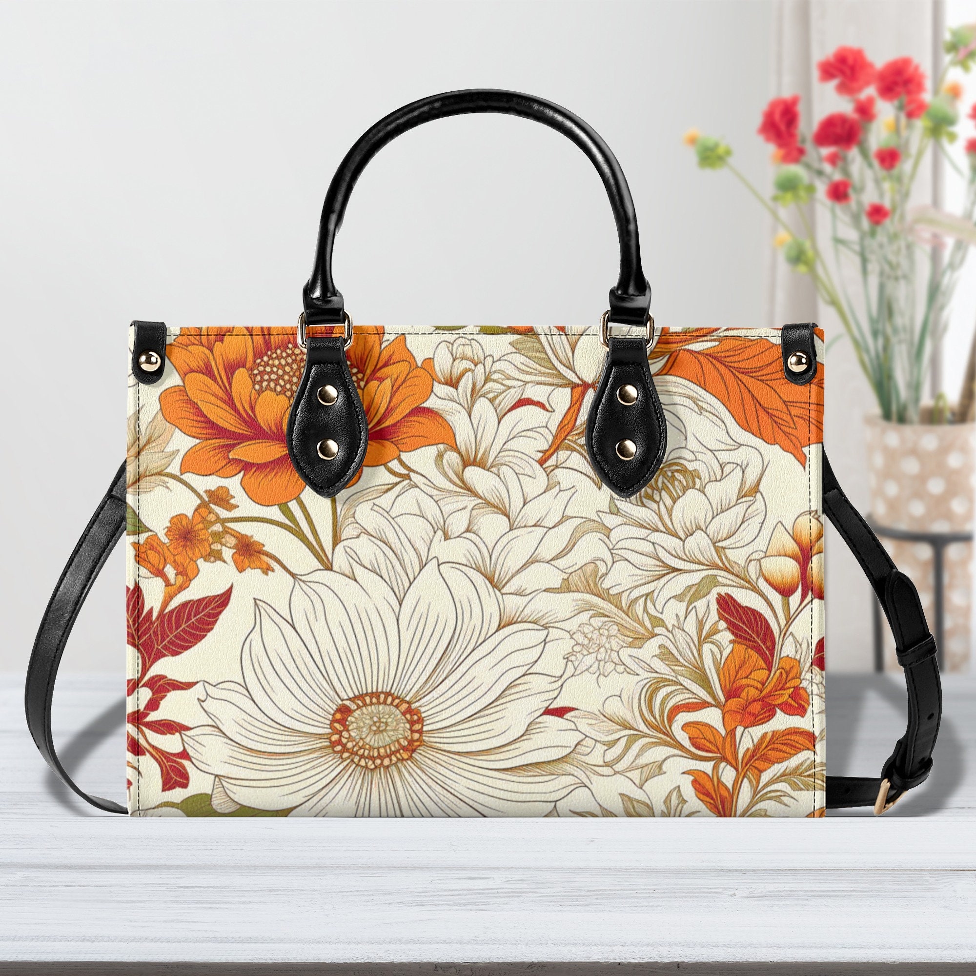 Floral Leather Handbag, gift for mom