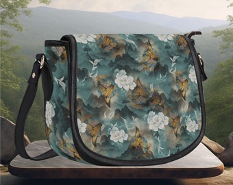 Lederen PU zadeltas Cottage kern bloem crème groene kleuren botanisch bloemdessin crossbody leuke leuke schoudertas voor dames