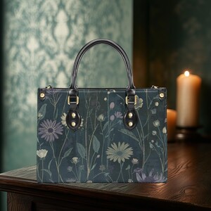 Floral Vegan Leather Tote Bag with Zipper & Removable Strap