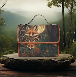 Bolso bandolera tipo cartera de lona marrón, diseño de zorro rojo y su cachorro, para verano y otoño, para uso diario.
