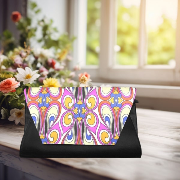 Clutch Envelope Black evening bag reception prom purse colorful design abstract purple, pink print Gift for Mom wife