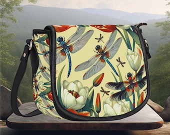 Leather PU Saddle Bag Cottage core flower Wildflowers tulip botanical dragon fly floral fun cute design crossbody women's satchel shoulder