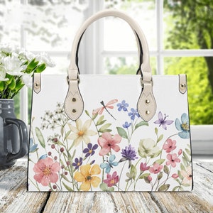 Luxury Women PU leather Handbag tote purse beautiful spring floral botanical garden of wildflowers Cottagecore farmhouse look design