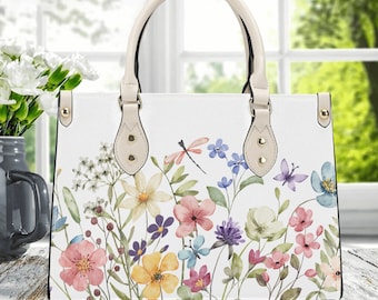 Sac à main fourre-tout en cuir PU pour femmes de luxe, beau jardin botanique floral printanier de fleurs sauvages, design cottagecore