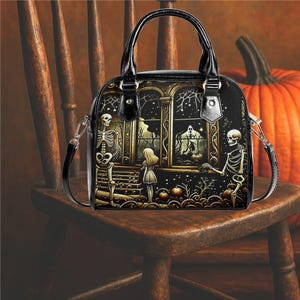 Whimsical Halloween Purse Satchel Skeletons fun cute messenger tote fun black handbag with top handles witchy design