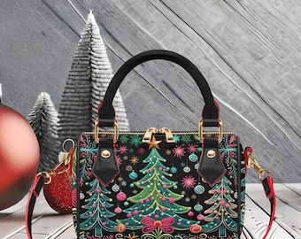 Borsa a tracolla con motivo albero di Natale, modello pochette nera con tracolla rimovibile, morbida pelle PU vegana, pelle vegana