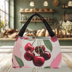 Bolsa de almuerzo portátil con diseño único de cerezas Bing. Ideal para la playa o un picnic. Un regalo ideal.
