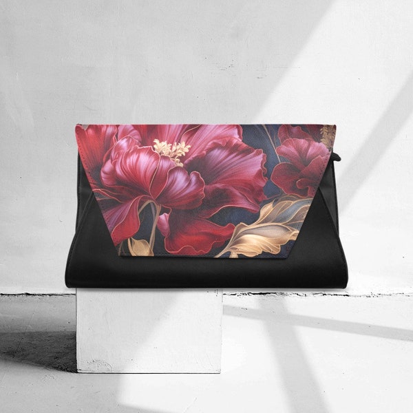 Clutch Envelope Black evening bag prom reception purse maroon red Floral flower botanical colorful design print Gift Mom Grandma wife