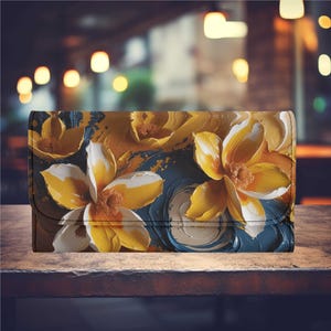 Cartera larga de cuero sintético vegano con tres pliegues, diseño floral, bonita y divertida. Un bonito regalo para mamá, esposa y amiga.