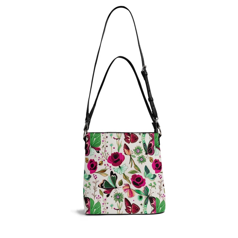 Women's PU Bucket Bag Shoulder Bag purse tote Beautiful cute spring summer Floral flower botanical cottagecore roses butterfly design zdjęcie 8
