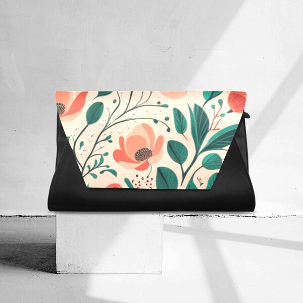 Clutch Envelope Black evening bag reception prom purse Floral flower peach green botanical colorful design print Gift for Mom wife
