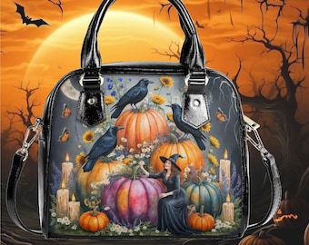 Halloween witchy forest crow bird raven pumpkin design shoulder top handle crossbody Handbag purse wildflower Floral botanical design witchy
