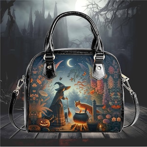 Bolso de mano tipo cartera con asa superior, diseño de calabaza de zorro rojo espeluznante de bosque de brujas de Halloween, bolso de mano tipo cartera, diseño botánico floral de flores silvestres