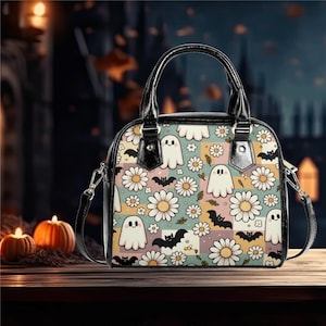 Shoulder Handbag  vegan leather satchel messenger Halloween bat ghost collage purse black crossbody whimsical satchel tote fun cute design
