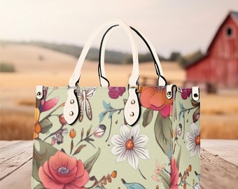 Women Leather PU Handbag Shoulder Bag tote purse Beautiful, cute spring summer Floral flower botanical design pattern gift for Mom