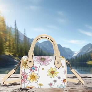 Bolsa feminina de couro pequena, transversal, bolsa de ombro Boston, bolsa tipo mochila, estilo cottage, com estampa floral, boho, presente para mãe ou avó