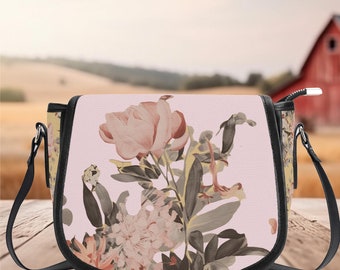 Leather PU Saddle Bag pink cream rose flower Wildflowers botanical floral design crossbody women's satchel shoulder purse Gift Mom wife