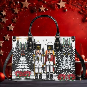 Sac à main en cuir végétalien de luxe pour femmes, beau sac à main design saison fantaisiste pour Noël, casse-noix, poinsettia, taille 2