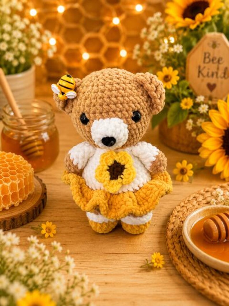 K&ouml;nnte beinhalten: Ein geh&auml;kelter Teddyb&auml;r mit hellbraunem Fell, wei&szlig;er Schnauze und schwarzen Augen. Der B&auml;r tr&auml;gt ein wei&szlig;es Oberteil mit einer gro&szlig;en gelben Sonnenblumenapplikation und einen gelben R&uuml;schenrock. Eine kleine gelb-schwarze Biene sitzt am Ohr.