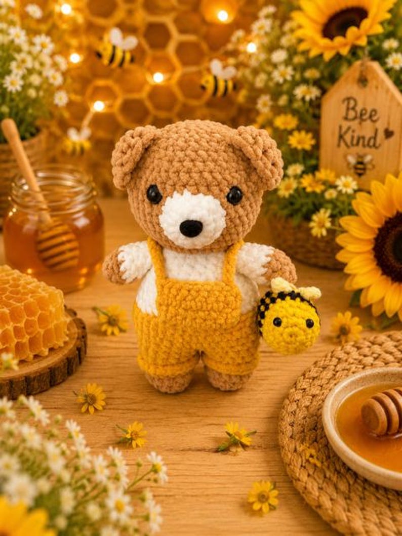 K&ouml;nnte beinhalten: Ein braun-wei&szlig;er geh&auml;kelter Teddyb&auml;r, der eine gelbe Latzhose tr&auml;gt und eine kleine geh&auml;kelte Biene h&auml;lt. Der B&auml;r hat schwarze Augen und eine schwarze Nase sowie eine weiche, strukturierte Garnoberfl&auml;che. Die Figur steht aufrecht und zeigt eine detaillierte handgefertigte Konstruktion mit rundem Kopf und Gliedma&szlig;en.