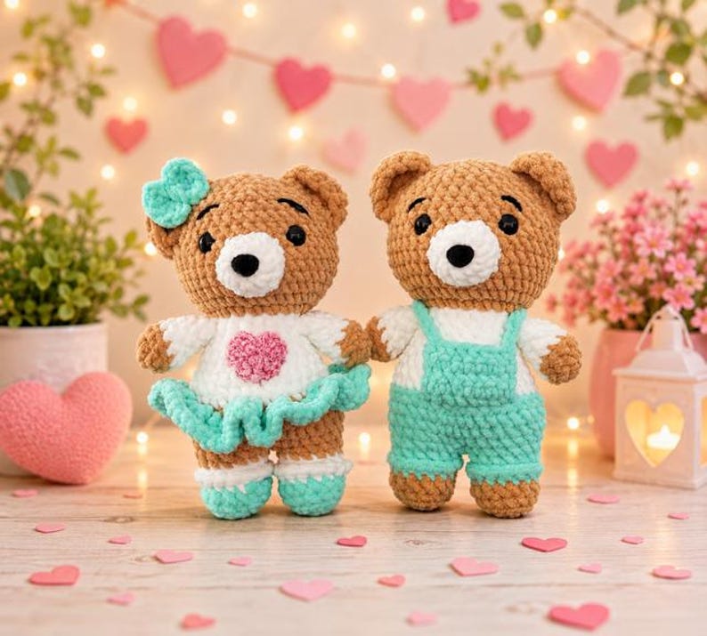 K&ouml;nnte beinhalten: Zwei geh&auml;kelte Teddyb&auml;ren aus braunem Garn mit wei&szlig;en Schnauzen und schwarzen Augen. Der linke B&auml;r tr&auml;gt ein wei&szlig;es Kleid mit einem rosa Herz sowie einer t&uuml;rkisfarbenen Schleife, einem Rock und Schuhen. Der rechte B&auml;r tr&auml;gt wei&szlig;e &Auml;rmel und eine t&uuml;rkisfarbene Latzhose.