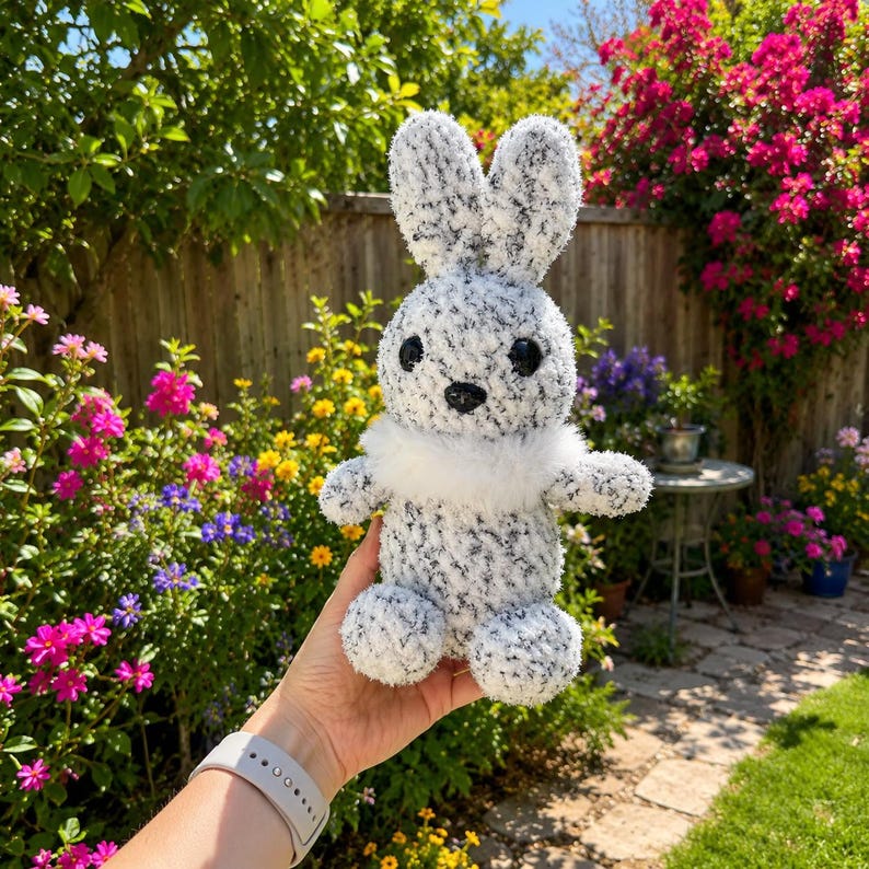 Peut inclure: Une peluche en forme de lapin avec un motif mouchet&eacute; blanc et gris. Le lapin a de grands yeux noirs, un nez noir et un col blanc duveteux. Il est pr&eacute;sent&eacute; devant un jardin fleuri.