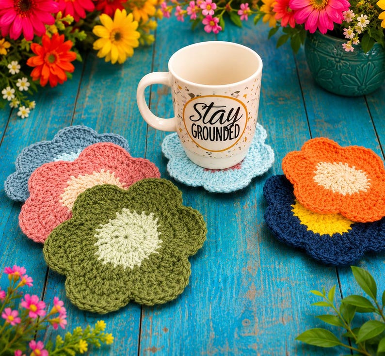Op de afbeelding: Een witte keramische mok met de tekst Stay Grounded in zwarte letters, omringd door verschillende bloemvormige gehaakte onderzetters in blauw, roze, olijfgroen, oranje en marineblauw, elk met een contrasterende kleur in het midden.
