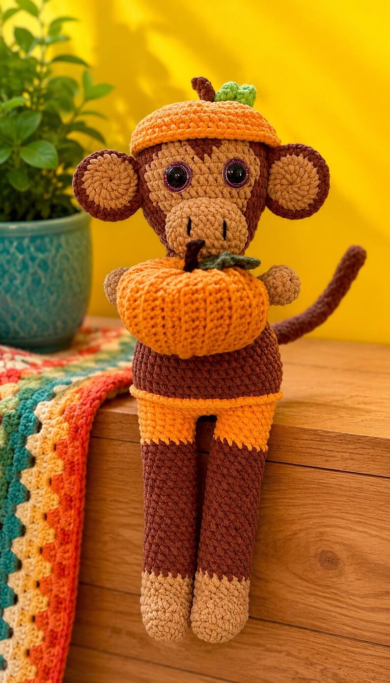 May include: A crocheted monkey toy featuring dark brown and tan yarn, wearing an orange hat with a small green accent. The monkey has large dark eyes and holds a textured orange pumpkin with a green stem in its hands. The legs are brown and tan.