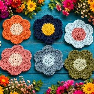 Op de afbeelding: Zes gehaakte bloemvormige onderzetters gerangschikt in twee rijen. De bovenste rij bevat oranje, donkerblauwe en lichtblauwe bloemen met contrasterende centra. De onderste rij bevat roze, grijze en olijfgroene bloemen met lichtere centra.