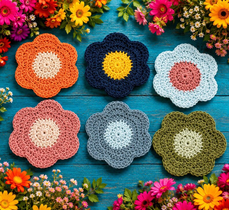Op de afbeelding: Zes gehaakte bloemvormige onderzetters gerangschikt in twee rijen. De bovenste rij bevat oranje, donkerblauwe en lichtblauwe bloemen met contrasterende centra. De onderste rij bevat roze, grijze en olijfgroene bloemen met lichtere centra.