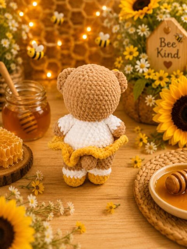 K&ouml;nnte beinhalten: Ein geh&auml;kelter Teddyb&auml;r aus hellbraunem Garn mit einem wei&szlig;en Oberteil und einem gelben Rock. Der B&auml;r hat abgerundete Ohren und einen kleinen Schwanz, der auf der R&uuml;ckseite sichtbar ist. Die Garnstruktur ist weich und flauschig verarbeitet.