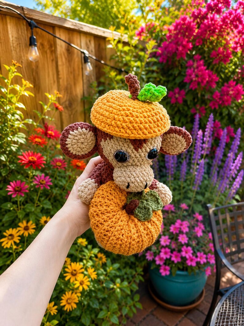 May include: A crocheted monkey plush toy wearing an orange pumpkin-shaped hat and holding a small orange pumpkin with a green leaf. The monkey has brown and beige yarn, black plastic eyes, and round ears, crafted with a textured stitch pattern.