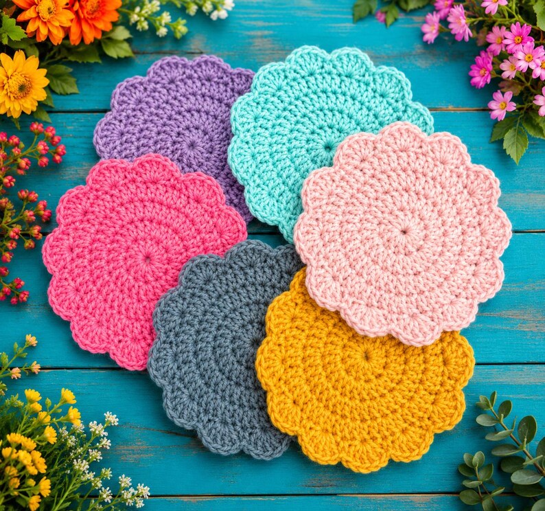 May include: A set of six round, scalloped-edge crochet coasters in vibrant colours including purple, turquoise, bright pink, light pink, dark grey, and mustard yellow, arranged in a circular overlapping pattern on a blue wooden surface.