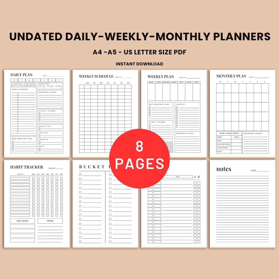 Undated Planner Set Printable Daily Planner Minimal Weekly - Etsy