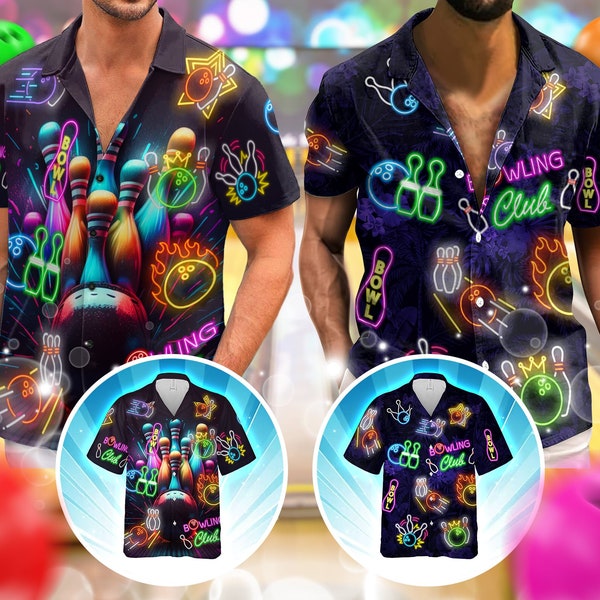 Bowling Shirts Short Sleeve Button Down Men, Bowling Shirts For Men Retro, Hawaiian Shirt Gift For Men, Bowling Neon Style Limited Edition