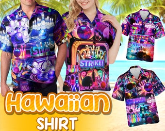 Bowlingshirts voor mannen en vrouwen, heren bowlingshirts, bowlingshirts voor mannen retro, Hawaiiaans shirt voor mannen, Neon Bowling Hawaiiaans shirt