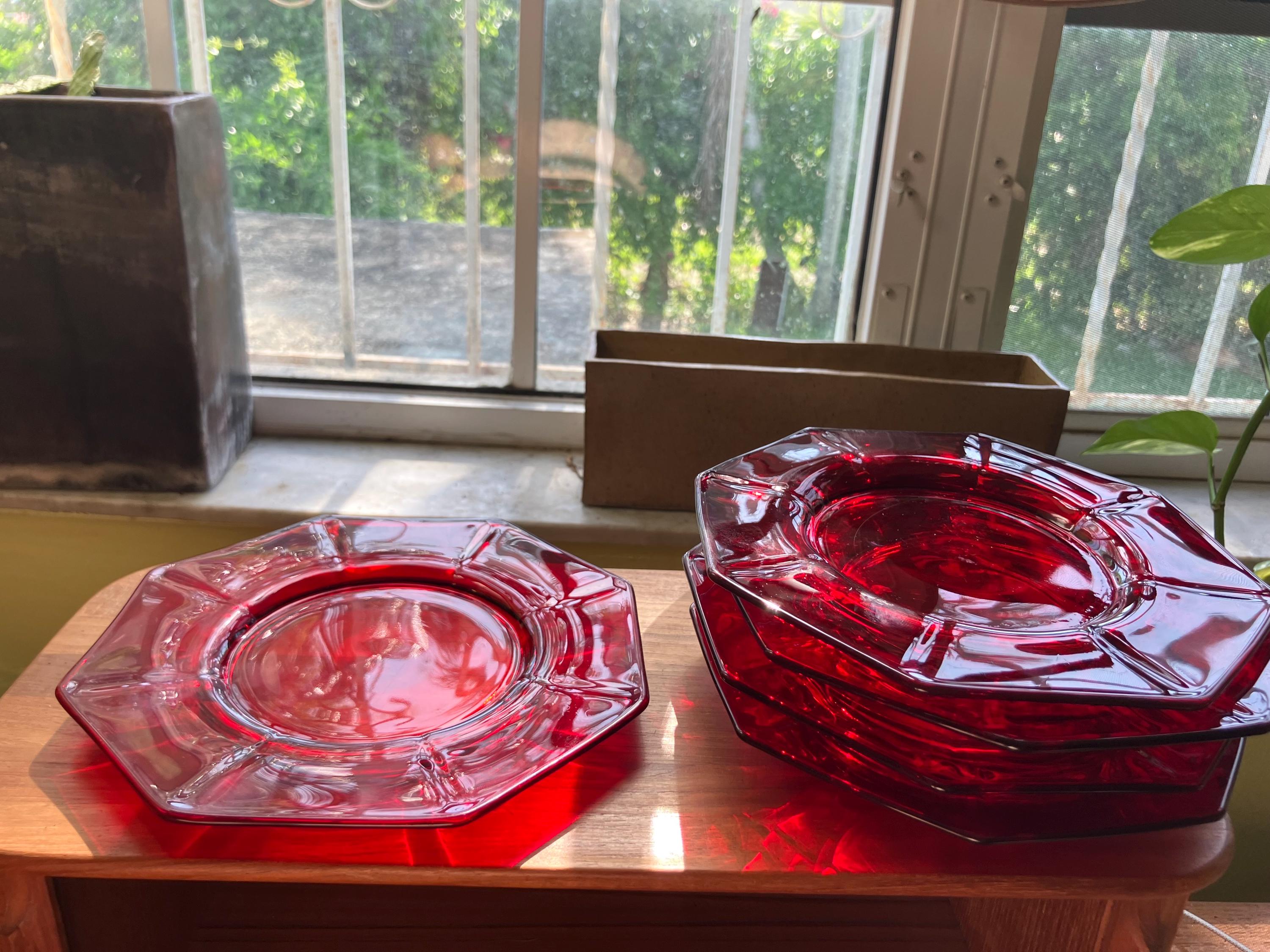 vintage set of 5 vintage glass plates octagonal red