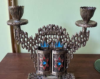 Vintage Judaica Candlestick signed Hen Holon - Ten Commandments - Sabbath