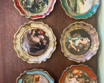 Set of 6 Florentine style coaster set or small plates - probably made of plastic