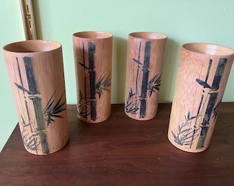 Vintage Hand Painted Wooden Bamboo Cups