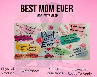Emballage pour canette en verre UVDTF de 16 oz Best Mom | Transfert UVDTF pour maman | Prêt à postuler | Adhésif permanent | Écharpe UVDTF pour la fête des mères