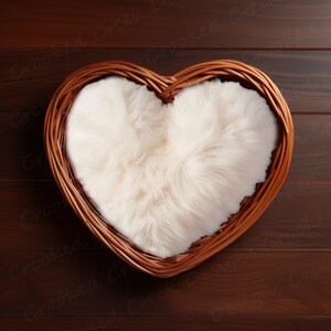 May include: A heart-shaped wicker basket with a white faux fur lining. The basket is on a brown wooden surface.