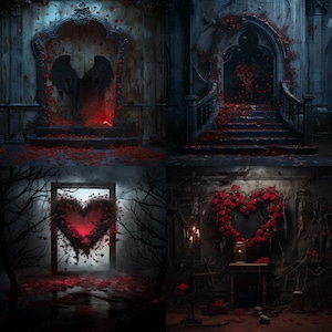 May include: A dark, gothic-themed image with four different scenes. The first scene shows a large, ornate doorway with a black figure standing in the center. The second scene shows a staircase leading up to a doorway with vines growing around it. The third scene shows a heart-shaped wreath made of red roses. The fourth scene shows a heart-shaped frame with a red heart inside.