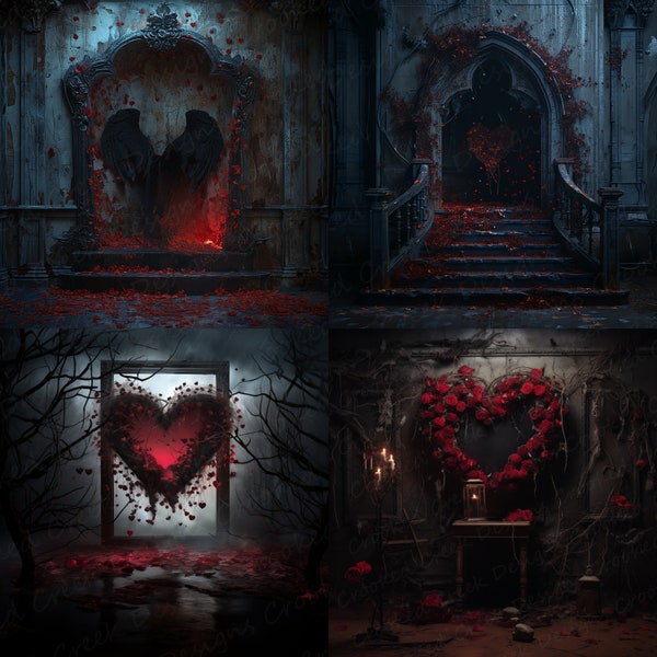 Witchy Valentine's Day Photograph Backdrops | 4 Digital Backdrops for Photographers | Instant Download JPG and PSD Dark Backgrounds Bundle