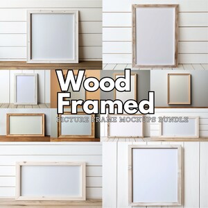 Puede incluir: Un conjunto de ocho marcos de fotos de madera en varios tamaños y estilos, con fondos blancos. Los marcos están dispuestos en una cuadrícula, con el texto "Wood Framed" y "Picture Frame Mockups Bundle" en la parte superior.
