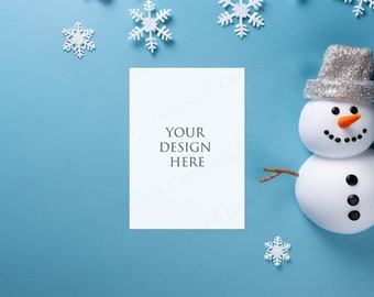 Holiday Card Mockup | Blue Background Snowman Christmas Card Mockup | 5x7 Paper Mockup for Winter and Holidays | Digital Download