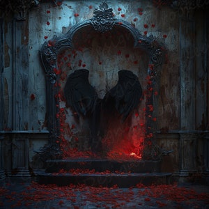 May include: A dark, gothic-inspired scene with a pair of black wings set against a crumbling wall. The wings are framed by a black archway, and red petals fall from above. The scene is lit by a warm, red glow.