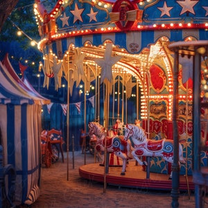 May include: A vintage carousel with two white horses with red and blue accents. The carousel is decorated with stars and lights. The carousel is in a park setting with a tent in the background.